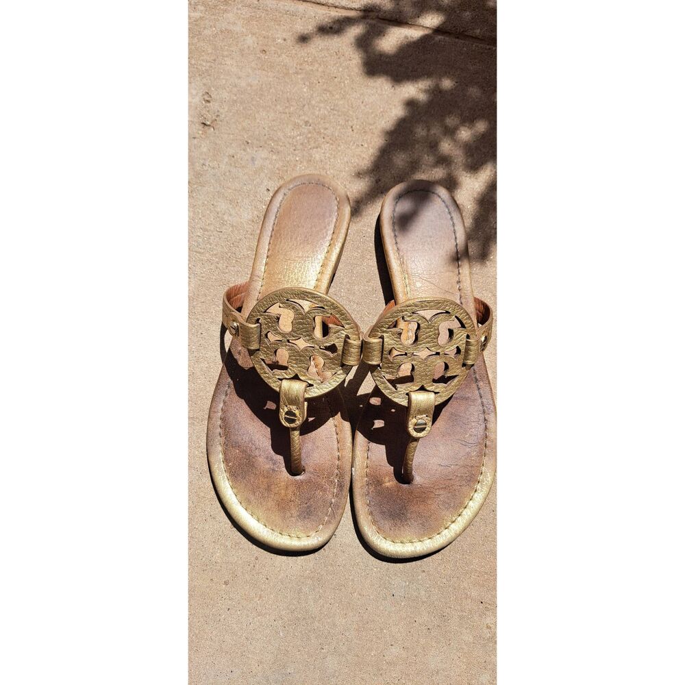 Tory Burch Miller Sandals Women’s Size 8 Metallic Gold Leather Flats - Picture 2 of 7
